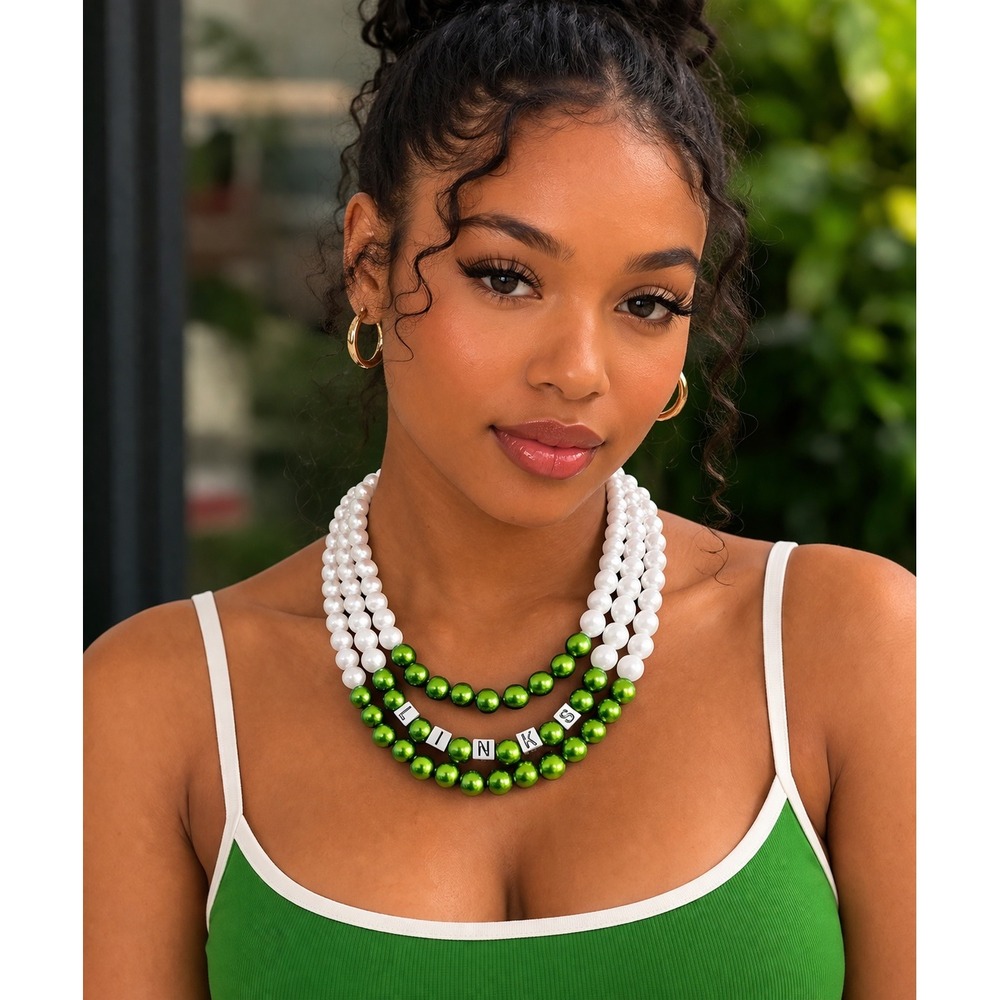 Links Pearl Necklace with Green & White Pearls with Silver Blocks